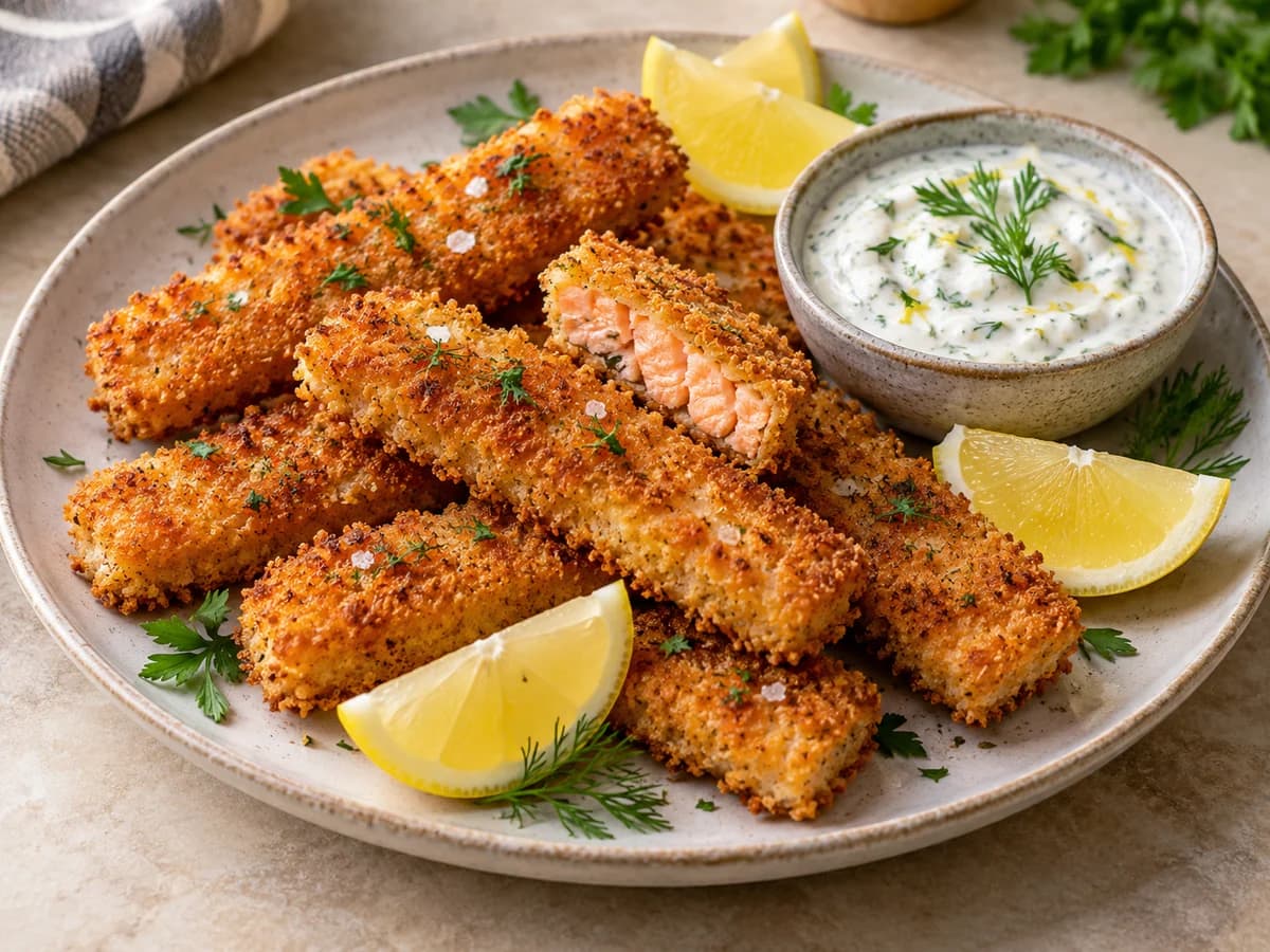 Appetitlich angerichtetes Gericht: Knusprige Lachs-Fischstäbchen