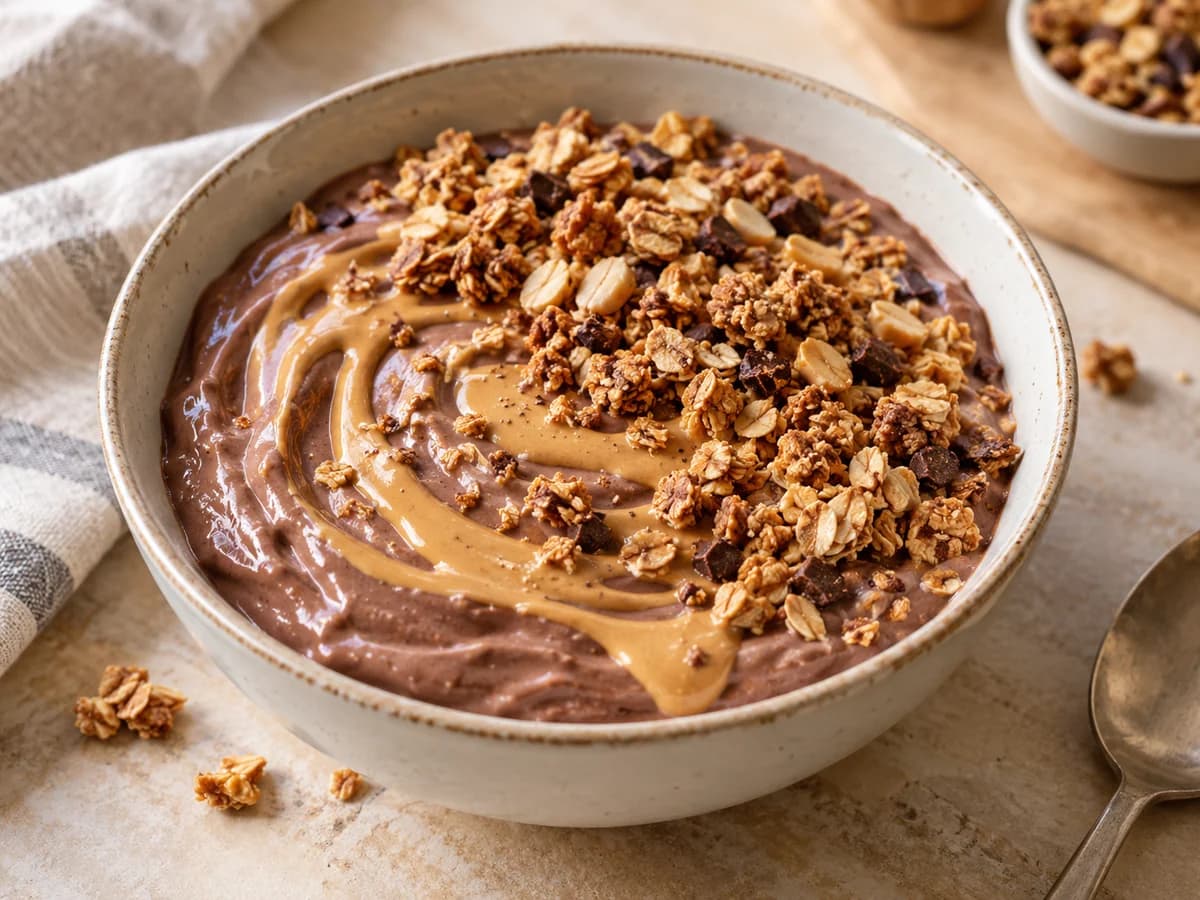 Appetitlich angerichtetes Gericht: Schoko-Erdnuss-Protein-Joghurtbowl