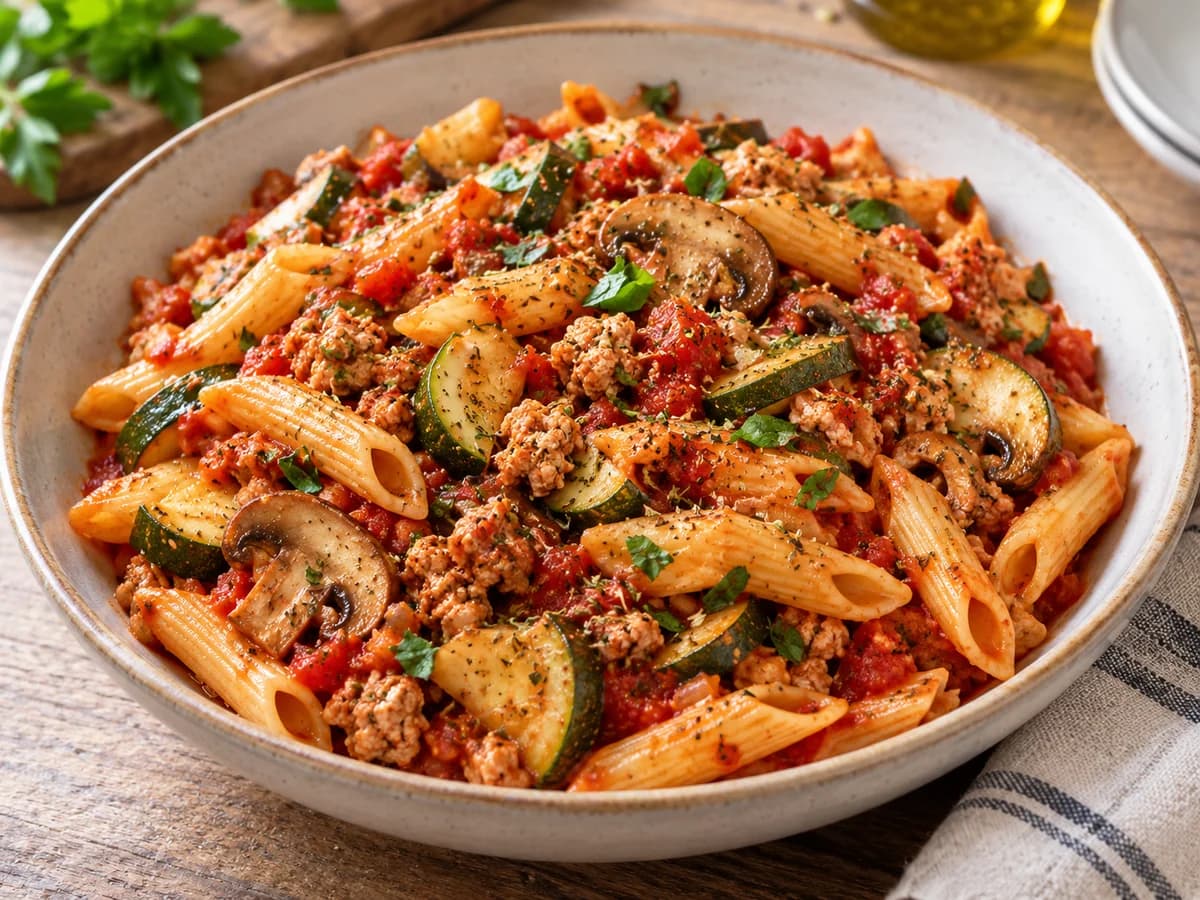 Appetitlich angerichtetes Gericht: Pasta mit Putenhack und Gemüse