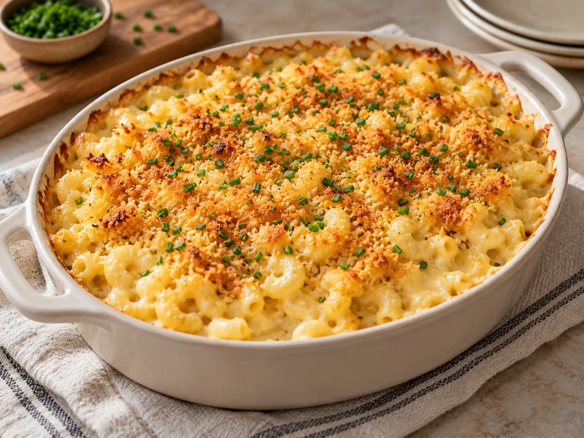 Appetitlich angerichtetes Gericht: Mac and Cheese mit Hüttenkäse