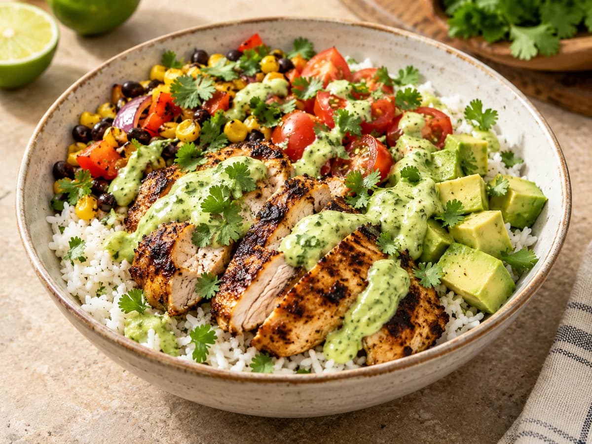 Appetitlich angerichtetes Gericht: Hähnchen-Reis-Bowls mit Avocado-Dressing