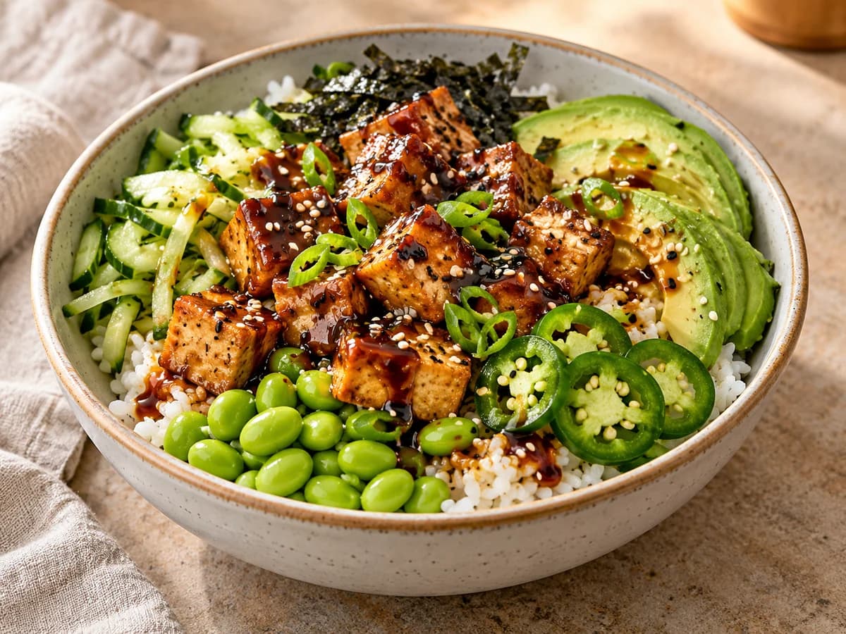 Appetitlich angerichtetes Gericht: Knusper-Sushi-Bowls mit Tofu