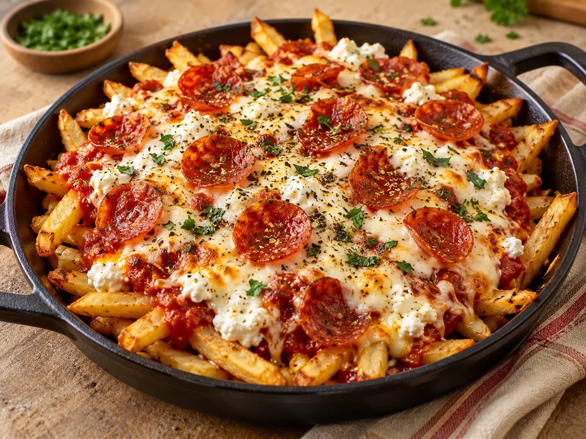 Appetitlich angerichtetes Gericht: Knusprige Hüttenkäse-Pizza-Pommes