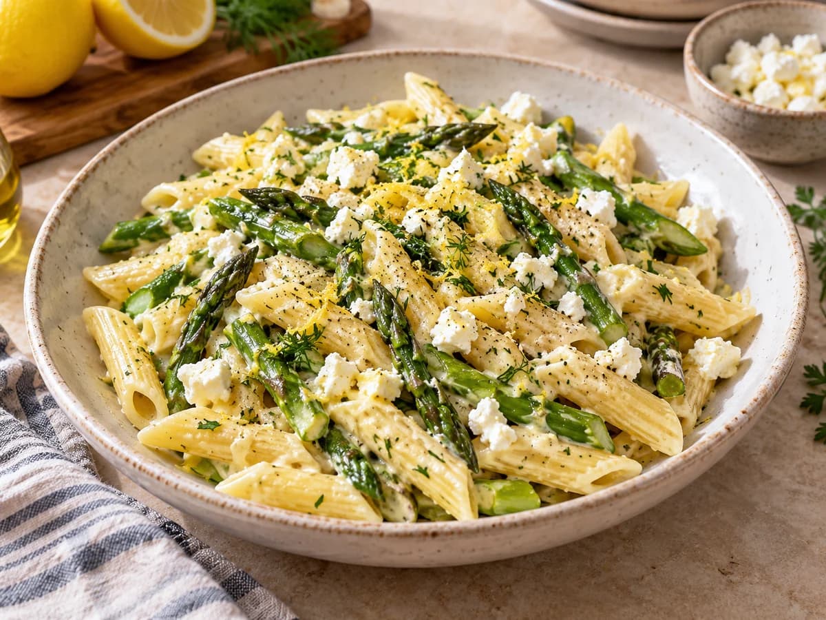 Appetitlich angerichtetes Gericht: Zitronen-Spargel-Pasta mit Feta