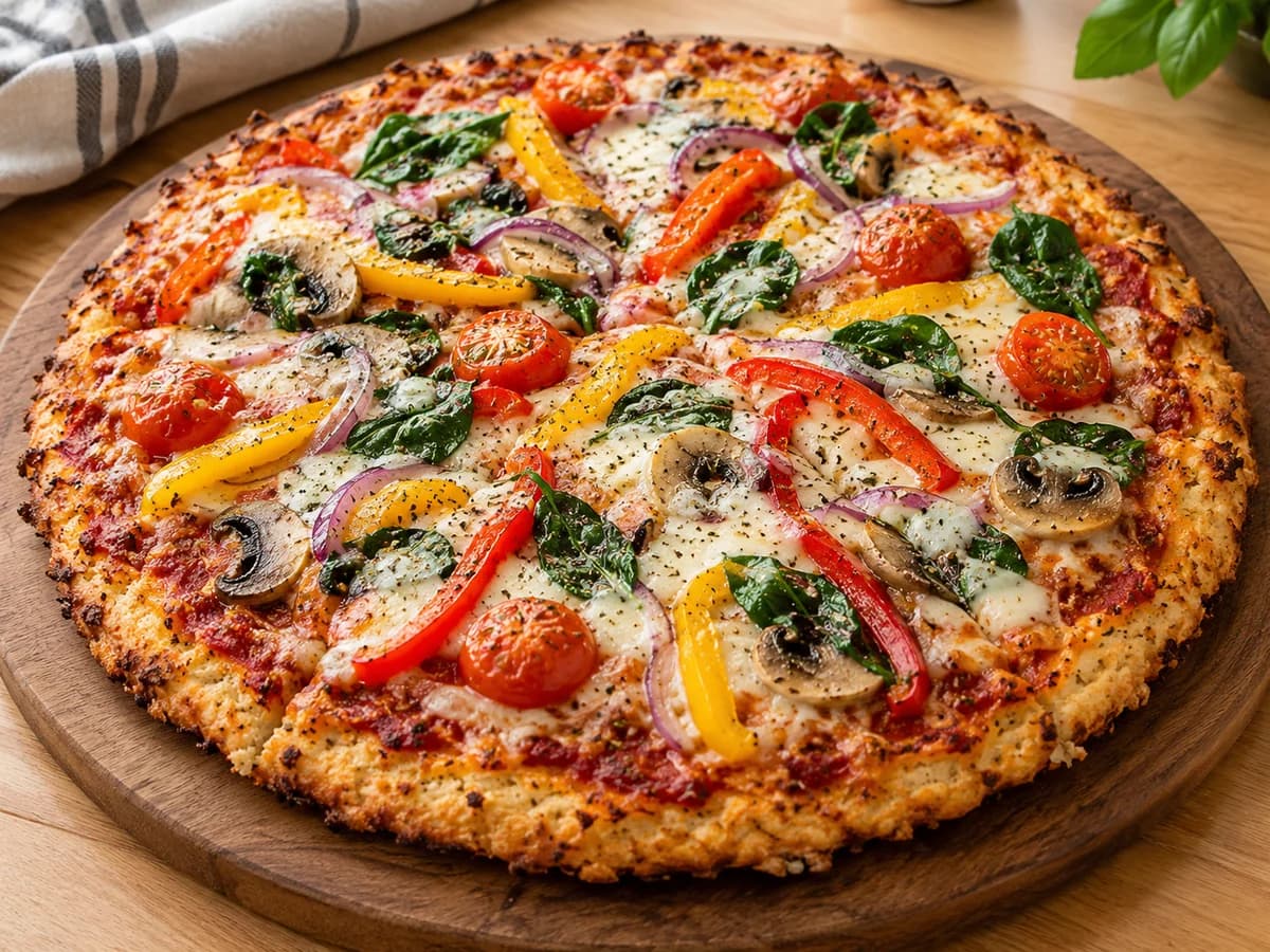 Appetitlich angerichtetes Gericht: High-Protein-Pizza mit Hähnchenboden