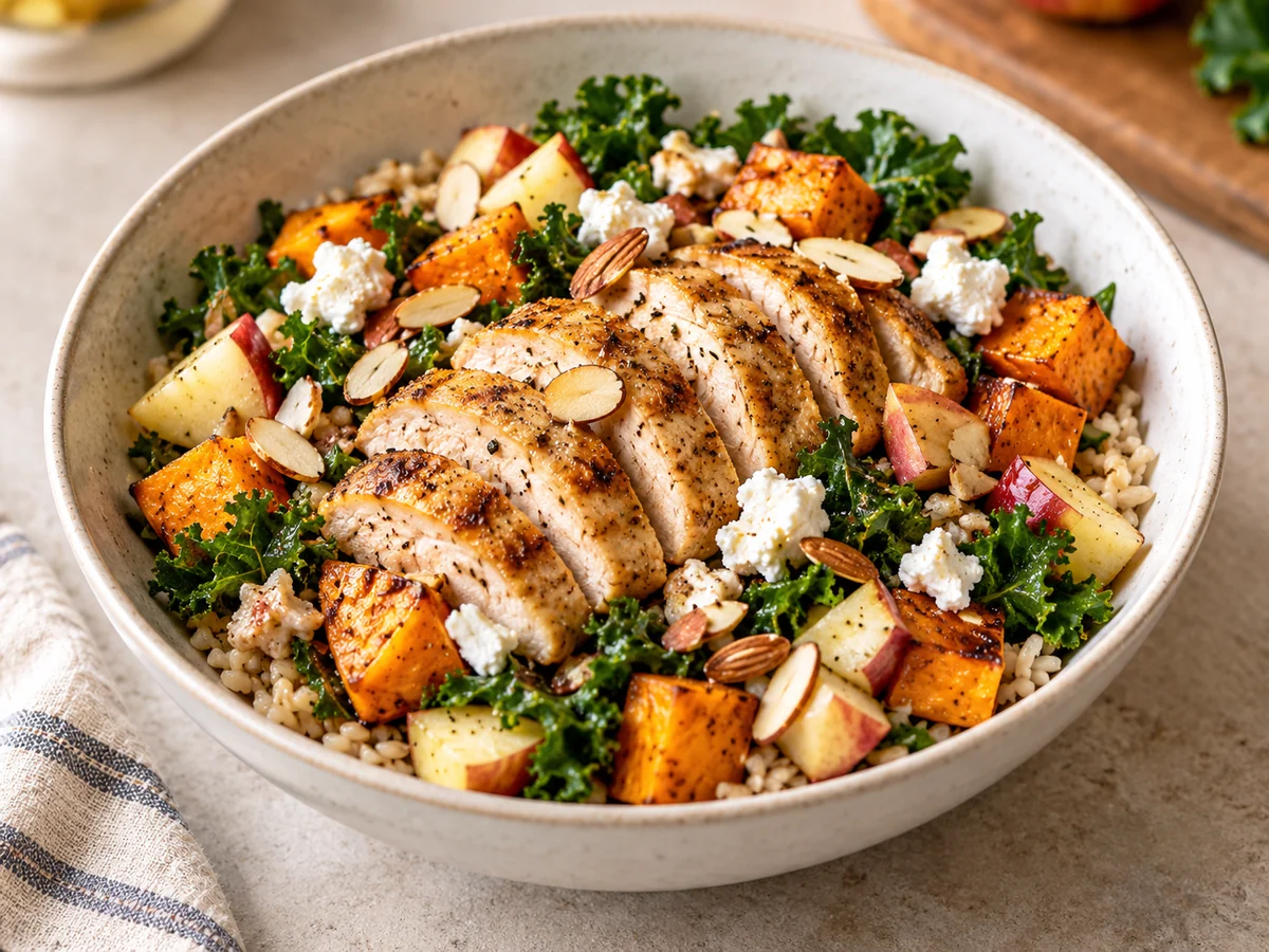 Appetitlich angerichtetes Gericht: Sweetgreen-Harvest-Bowl mit Hähnchen