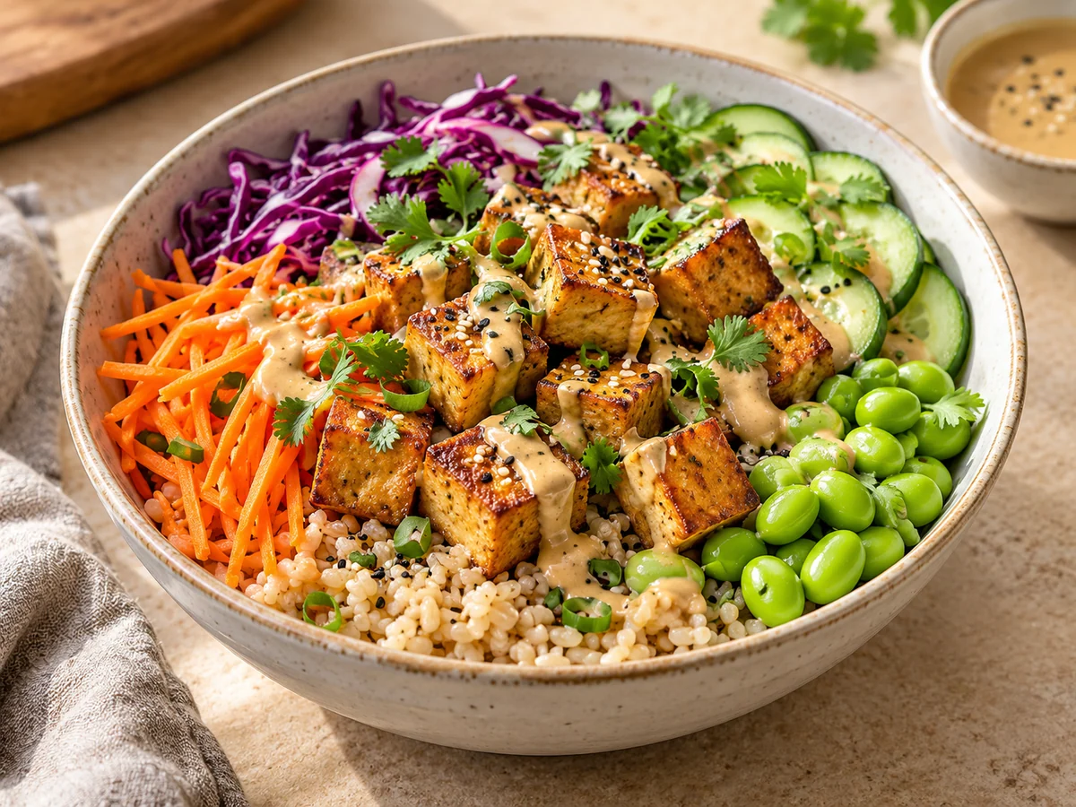 Appetitlich angerichtetes Gericht: Tofu-Bowls mit Mandelmus-Sauce