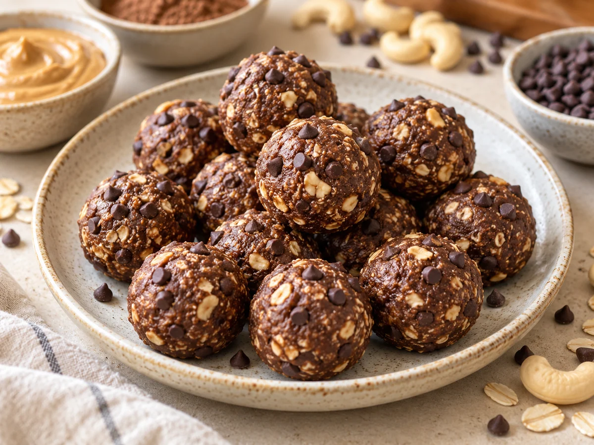 Appetitlich angerichtetes Gericht: No-Bake-Schoko-Proteinbällchen