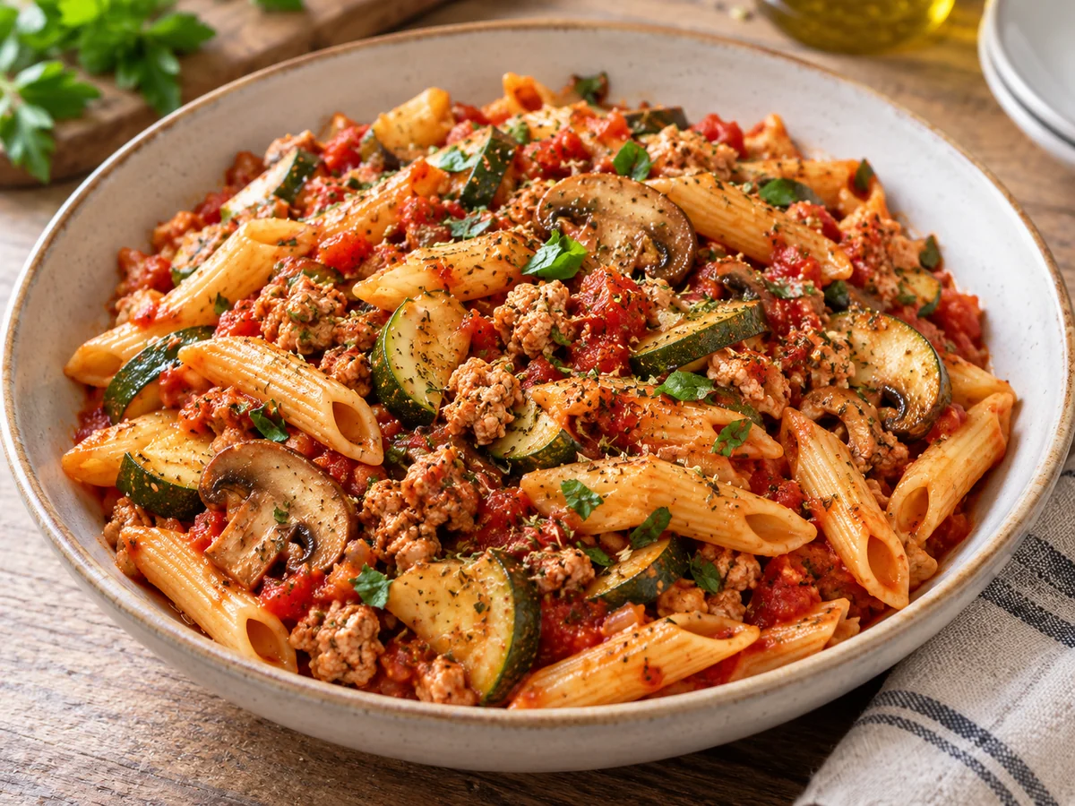 Appetitlich angerichtetes Gericht: Pasta mit Putenhack und Gemüse