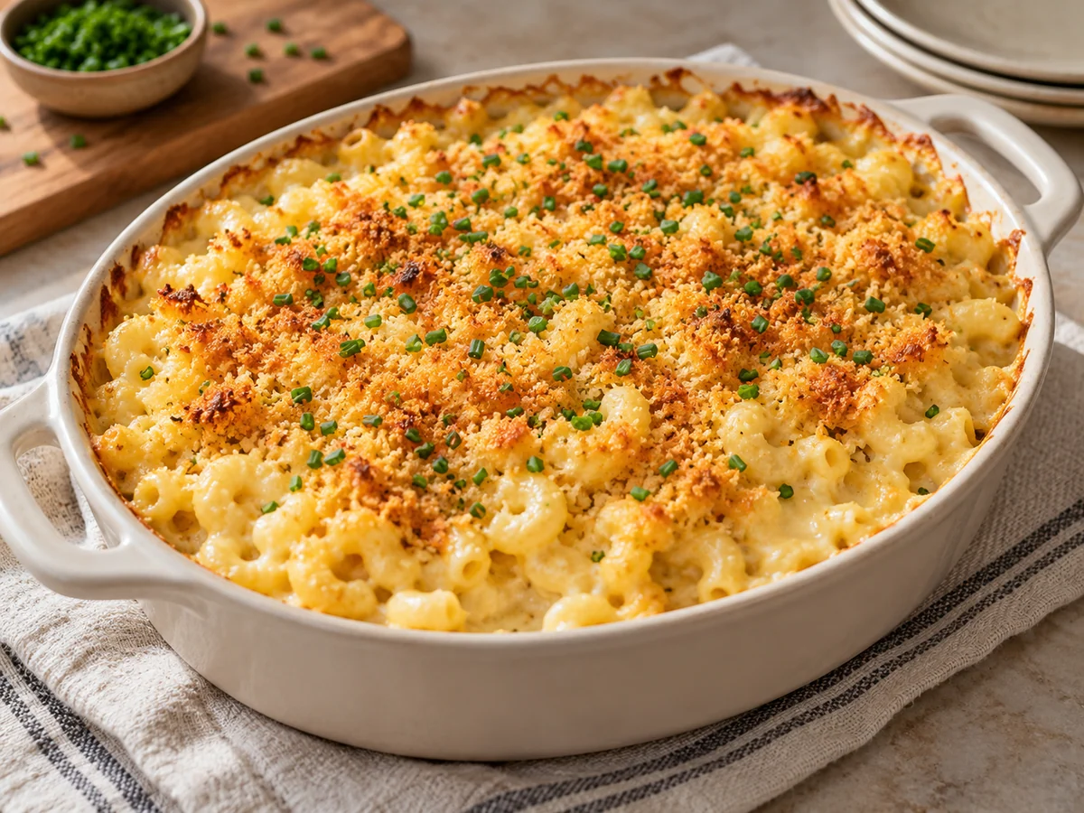 Appetitlich angerichtetes Gericht: Mac and Cheese mit Hüttenkäse