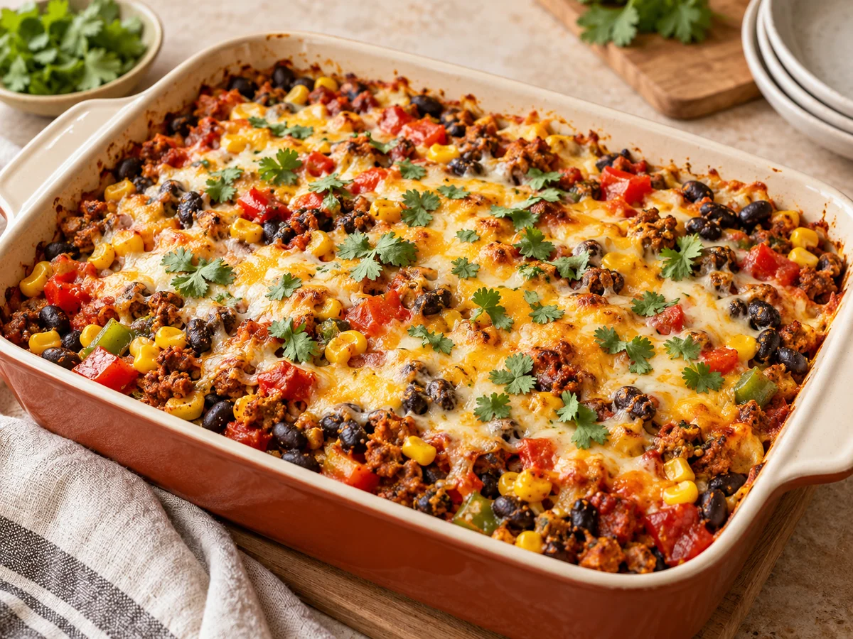 Appetitlich angerichtetes Gericht: Mexikanischer Auflauf mit Walnuss-Chorizo