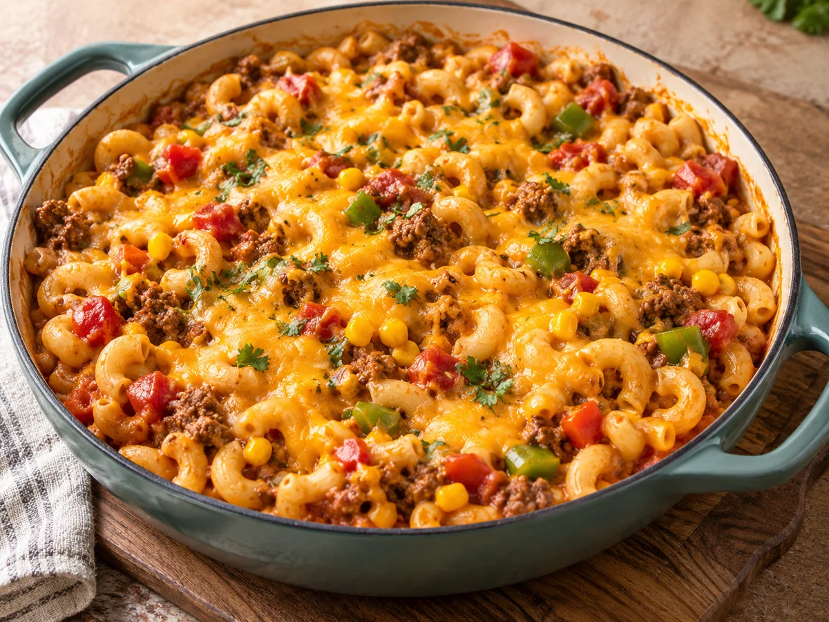 Appetitlich angerichtetes Gericht: Käsige Taco-Pasta