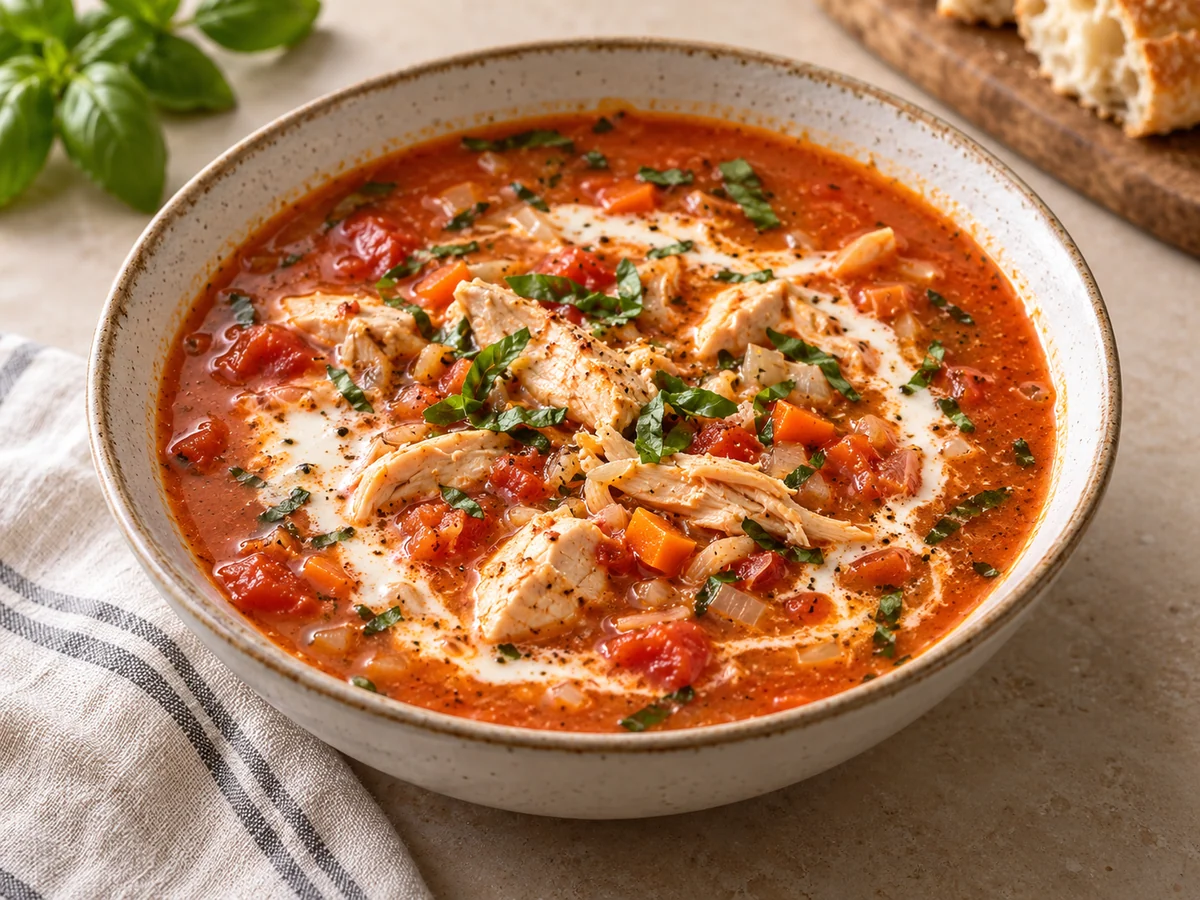 Appetitlich angerichtetes Gericht: Tomatensuppe mit Hähnchen