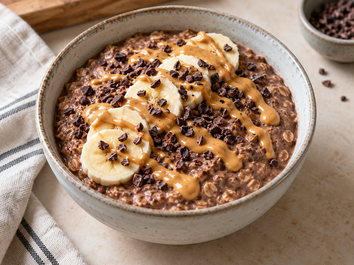 Appetitlich angerichtetes Gericht: Schoko-Erdnuss-Overnight-Oats