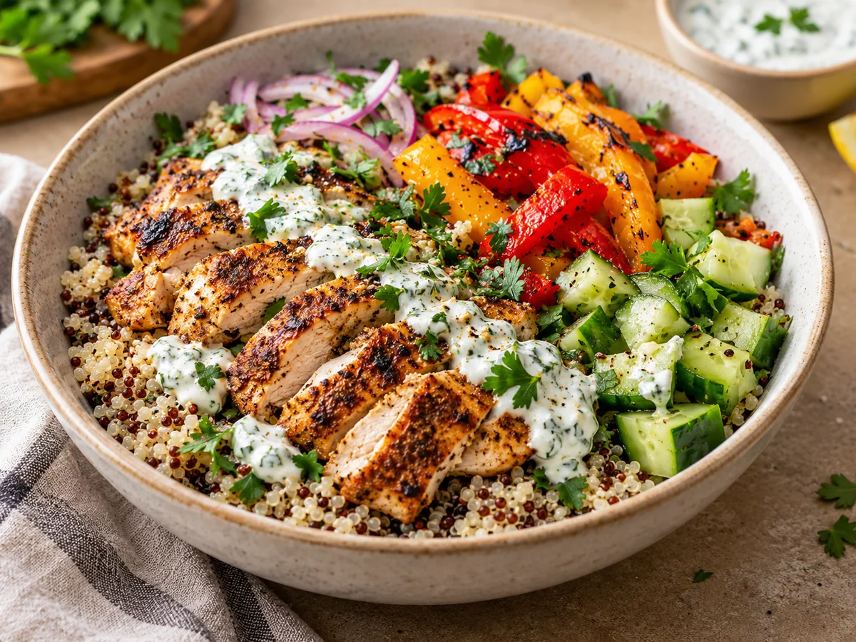Appetitlich angerichtetes Gericht: Hähnchen-Quinoa-Bowl