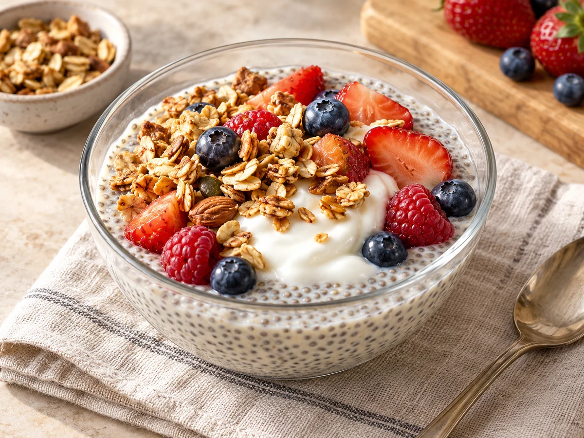 Appetitlich angerichtetes Gericht: Protein-Chia-Pudding