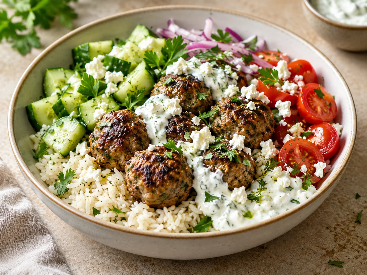 Appetitlich angerichtetes Gericht: Griechische Lammhackbällchen-Bowls