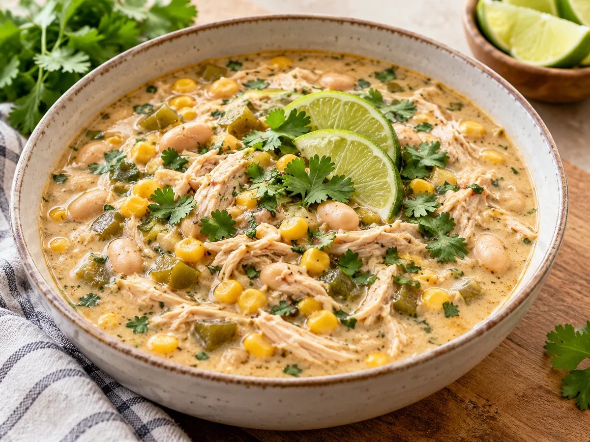 Appetitlich angerichtetes Gericht: White Chicken Chili aus dem Slow Cooker