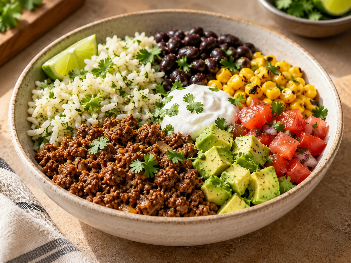 Appetitlich angerichtetes Gericht: Taco-Bowls mit Rinderhack