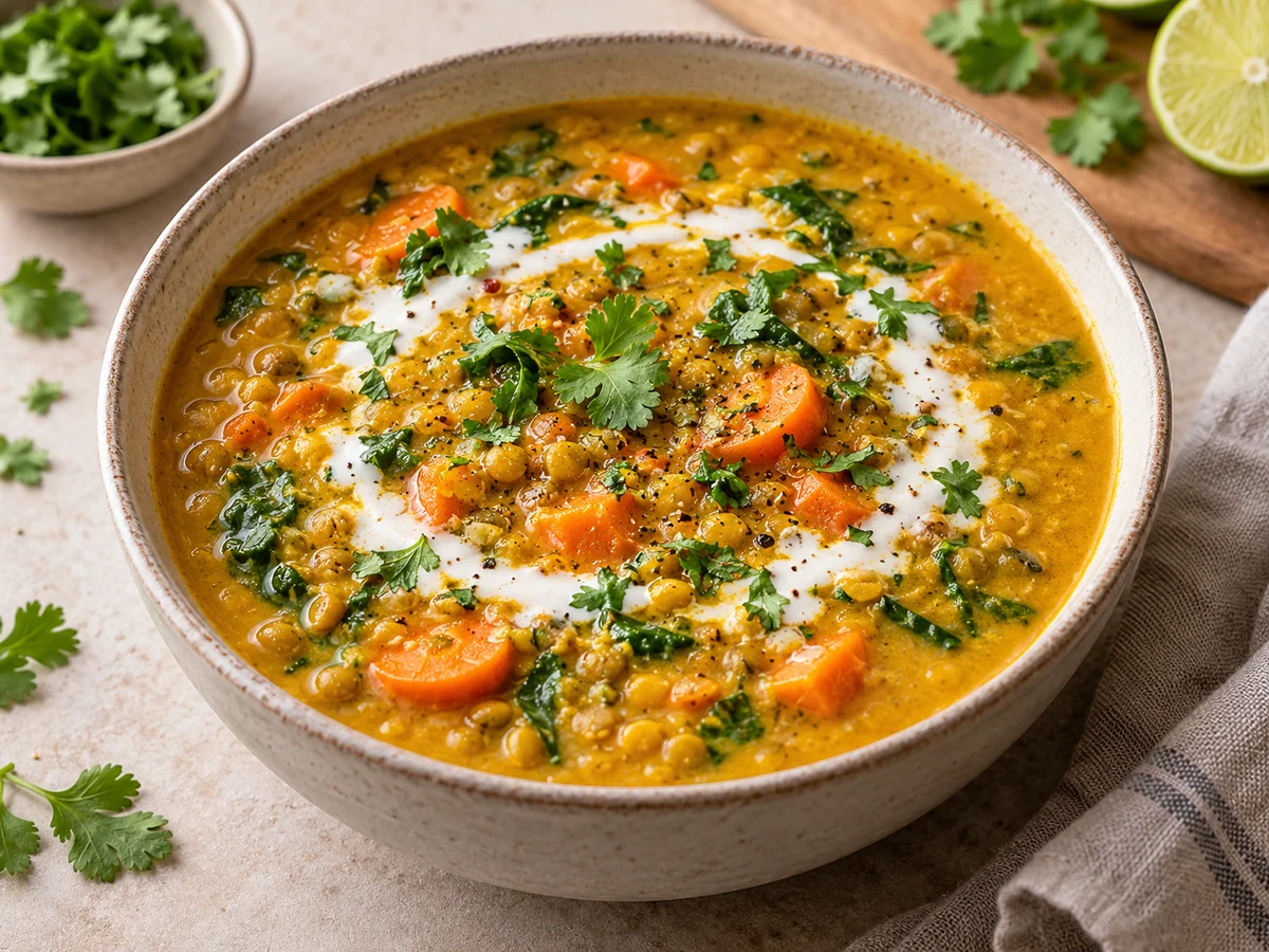 Appetitlich angerichtetes Gericht: Kokos-Curry-Linsensuppe